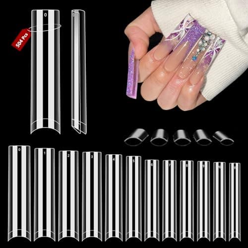 Quaferen Clear Square Nail Tips, 504PCS 3XL Long No C Curve Nail Tips, Half Cover Flat Tapered Square Straight Gel Acrylic False Nails Tips for DIY Salon Home - Image 1