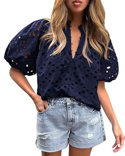 PRETTYGARDEN Women's Summer Tops 2025 Dressy Casual Short Sleeve V Neck Buttons Hollow Out Lace Embroidered Blouses Shirts (Navy,Large) - Image 1