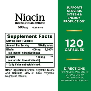 Nature's Bounty Niacin 500mg Flush Free, Cellular Energy Support, Supports Nervous System Health, 120 Capsules - Image 2