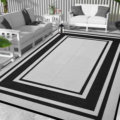 SatisInside Outdoor Rug 5x8 Ft Waterproof Plastic Straw Rugs for Patio,RV,Beach,Camping, Backyard,Porch, Picnic, Black&White - Image 1