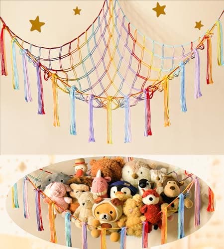 Stuffed Animal Hammock Corner Storage Net Cute Preppy Trendy Stuff Gifts for Teen Girls Baby Room Wall Nursery Decor Rainbow Color Colorful Unicorn Hanging Organizers XL Large - Image 1