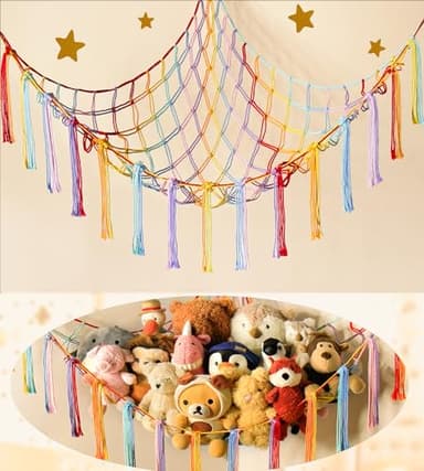 Stuffed Animal Hammock Corner Storage Net Cute Preppy Trendy Stuff Gifts for Teen Girls Baby Room Wall Nursery Decor Rainbow Color Colorful Unicorn Hanging Organizers XL Large - Image 1