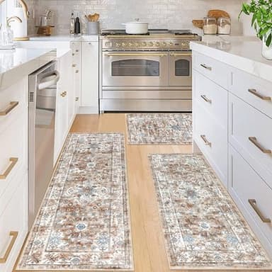 Pauwer Kitchen Rugs Sets of 3 Non Slip Washable Kitchen Mats for Floor Farmhouse Kitchen Floor Mat Runner Rug Boho Kitchen Sink Rug Carpet for Kitchen Hallway Laundry Room, Vintage Cream Tan - Image 6