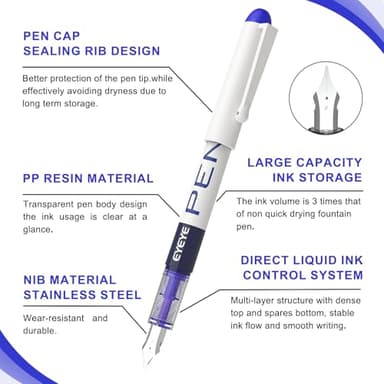 EYEYE Fountain Pens for Writing, 8 Pack Assorted Colors Fine Point Disposable Fountain Pens Stainless Steel Nib, Smooth Writing for Journaling, Drafting, Sketching, Doodling & Gifts - Image 3