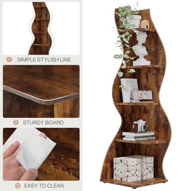Tribesigns Corner Shelf, Rustic 5-Tier Wall Corner Bookshelf, Stylish Corner Small Bookcase Storage Rack Plant Stand with Unique Shape for Living Room, Home Office (2PCS, Brown) - Image 7