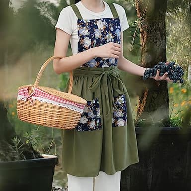 Pinknoke Vintage Pinafore Apron Dress for Women with Pockets Cute Floral Chef Aprons for Kitchen Cooking Baking Gardening (Olive Green) - Image 2