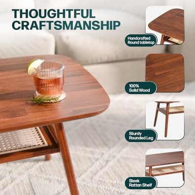 Bme Nancy Solid Acacia Wood Coffee Table for Living Room, Spacious Oval-Shaped 237 Lbs Top Capacity, Rattan Shelf Below, Mid Century, Rustic and Modern Style Living Room Furniture, Dark Chocolate - Image 2