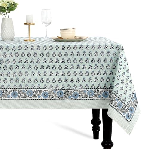 CPC Tablecloth 100% Cotton 70x118 Inch Indian Block Print Rectangle Table Cover, Washable Table Cloth for Weddings, Spring/Summer, Barbeque - Poppy Blue - Image 1