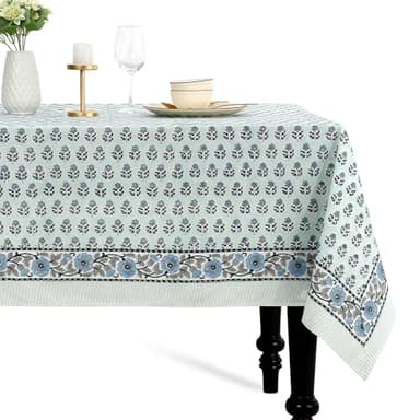 CPC Tablecloth 100% Cotton 70x118 Inch Indian Block Print Rectangle Table Cover, Washable Table Cloth for Weddings, Spring/Summer, Barbeque - Poppy Blue - Image 1