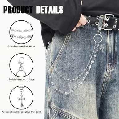 Miglaja Wallet Chain - Wallet Chains for Men, Pants Chains Double Clover and Cross Pocket Chains Punk Trousers Jeans Chains for Biker Heavy Skull Chain Belt Goth Accessories - Image 3
