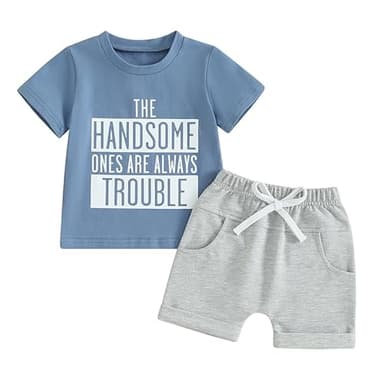 Toddler Baby Boy Summer Outfit Short Sleeve Letter Print T Shirt Top and Casual Shorts Set Cute Infant Newborn Clothes (Blue Handsome Trouble, 12-18 Months) - Image 1
