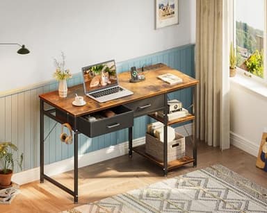 Coleshome Small Computer Desk with Drawers, 40 Inch Reversible Home Office Desk with Power Outlet, Study Laptop Vanity Table with Storage Shelves for Bedroom Small Space, Rustic Brown - Image 2
