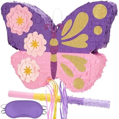 WERNNSAI Butterfly Piñata - Butterfly Birthday Party Supplies Pinata with Stick and Blindfold for Girls Kids Pull String Piñata Family Games Classroom Birthday Party Decorations 16.4” x 12.4” - Image 1