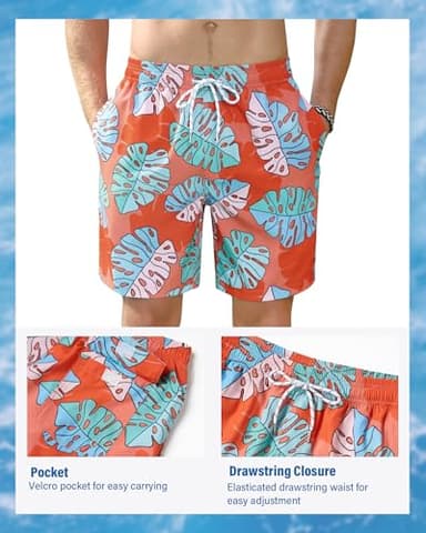 Gleeease Mens Lined Swim Trunks: 7 inch Quick Dry Stretchy Soft with Mesh Liner Beach Pool Water Sport Orange Hawaiian Leaf - Image 3