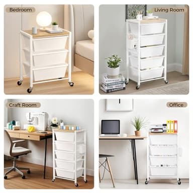 Rolling Cart with 5 Drawers, Plastic Drawer Storage Carts with Lockable Wheels & Wooden Tabletop, Metal Utility Cart with Pegboards, Office Living Room Classroom Craft Organization and Storage, White - Image 7