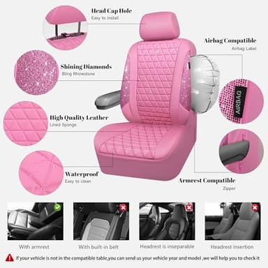 CAR PASS Bling Diamond Pink Leather Car Seat Covers for 2 Front Seats Protector, Waterproof Shining Glitter Sparkly Crystal Universal Armrest Fit Automotive Truck SUV Cute Women Girl, Pink Rhinestone - Image 2