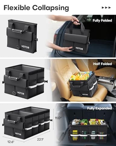 HOTOR Car Trunk Organizer - Foldable Trunk Organizer for SUV, Car Storage with Reflective Strips & Securing Cover, Large Capacity Car Accessories for Truck, Van & Sedan, Black, 22.1" x 12.6" x 11.0" - Image 3