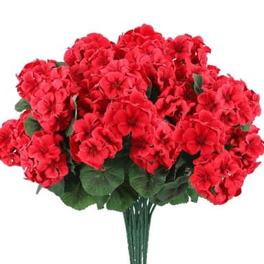 Hananona 6 Pcs Artificial Geranium Flowers for Outdoors Geranium Silk Red Flower Outdoor UV Resistant Garden Plants Faux Flowers for Christmas Home Kitchen Table Centerpieces Decor (6, Red) - Image 2