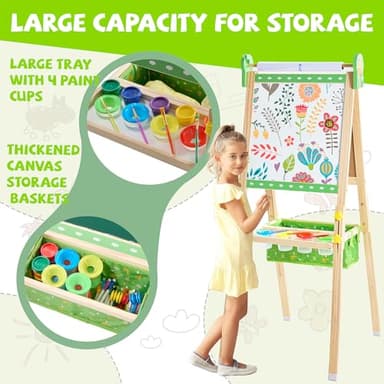 Art Easel for Kids, Painting Easels for Toddlers, Wooden Drawing Easel with Paper Roll, Adjustable Painting Station Magnetic Chalkboard & Whiteboard, Foldable Standing Easel for Boys Girls Ages 3-12 - Image 5