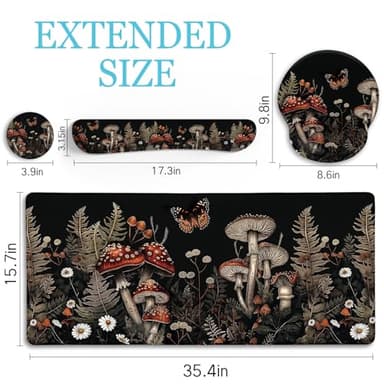 LIMKRIAN Mushroom Mouse Pad Set Large Desk Matt for Desktop, Ergonomic Mouse Pad with Wrist Rest, Gaming Mouse Pad Wrist Support Keyboard Mat Cup Coaster Set Office Desk Decor Accessories - Image 4