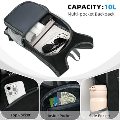 Xgunion Small Travel Backpack - Lightweight & Foldable, 10L Capacity, Packable & Camping Hiking Daypack for Women & Men (Black) - Image 3