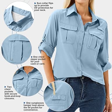 Toumett Women's UPF 50 Long Sleeve UV Sun Protection Safari Shirts Outdoor Quick Dry Fishing Hiking Travel Shirts(5071,Blue,M) - Image 3