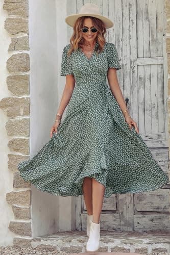 PRETTYGARDEN Women's Summer Wrap Maxi Dress Casual Boho Floral V Neck Short Sleeve Ruffle Hem Split Beach Long Dresses (Dark Green Floral,X-Large) - Image 6