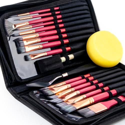 Transon Art Paint Brush Kit 16 Paint Brushes with Foam Brush Sponge Spatula and Brush Case for Oil, Acrylic, Watercolor, Gouache, Painting Pink Color - Image 1