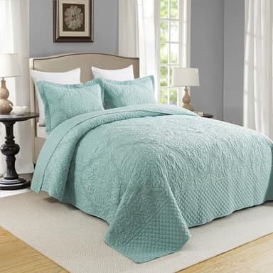 Travan 3-Piece Queen Quilt Set Quilted Bedspread Oversized Microfiber Lightweight Bedspread Coverlet Set with Shams Bedding Set for All Season, Blue, Queen Size - Image 3