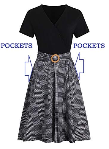 Women's Elegant Criss-Cross V Neck Vintage Short Sleeve Work Casual Party Swing Tea Dress with Pockets 980 (XL, Black Plaid) - Image 7