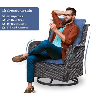 Belord Wicker Outdoor Furniture Patio Furniture Set - 6 Piece Patio Conversation Set with Swivel Rocker Chairs, Rattan Sofa, Ottomans and Coffee Table, Blue Cushion - Image 3