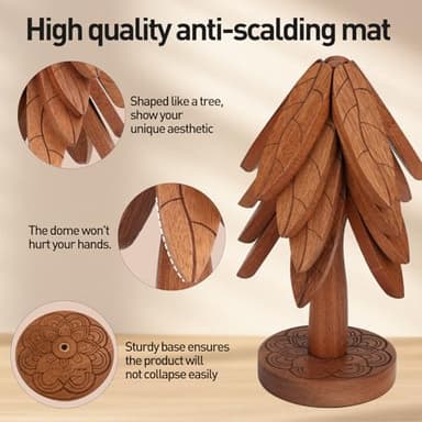 Wooden Tree Trivet Set,4 Wooden Trivets and 1 Stand,Trivets for Hot Pots and Pans, Foldable Kitchen Wooden Tree Coasters for Hot Bowl&Teapot,5 Gifts Set - Image 3