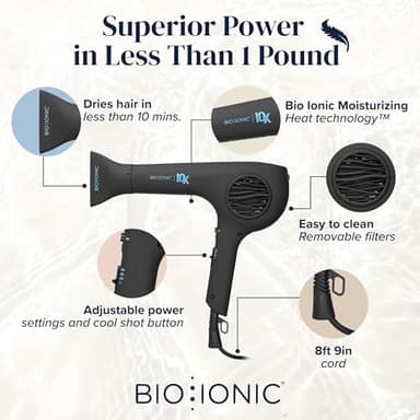 Bio Ionic 10X UltraLight Speed Hair Dryer, Blow Dryer with Adjustable Heat & Speed, Professional Hair Styling Tool for Fast, Frizz-Free Hairstyles, 1800W EcoDrive Brushless Motor - Image 3