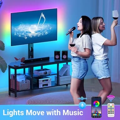 Corner TV Stand with Mount LED - Universal TV Mount Stand for 32-65" TV, Height Adjustable Swivel TV Console Wood & Steel Entertainment Center with Mount, Cabinet, Power Outlet, Colorful Light, Black - Image 5