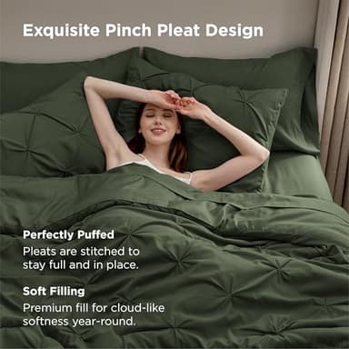 Bedsure Queen Comforter Set Olive Green - Bed in a Bag Queen Size 7 Pieces, GentleSoft™ Pintuck Bed Set Gift for Family, Pinch Pleat Olive Green Comforter with Sheets, Pillowcases & Shams - Image 3