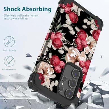 PIXIU Unique Flower Pattern Compatible with Samsung Galaxy S24 Ultra case, Heavy Duty Dual Layer Shockproof Full-Body Protective Sturdy Hybrid Cute Rugged Case for Women,Girls,Kids-Rose Floral - Image 4
