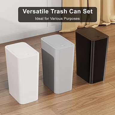 N. NETDOT 3 Pack 10L / 2.6 Gallon Small Trash Can with Lid,Bathroom Garbage Can with Pop-Up Lid,Waste Basket for Bathroom,Kitchen,Bedroom,Powder Room,Office,College (Black-Grey-Off White) - Image 6