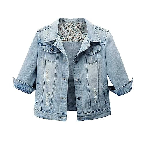 Hixiaohe Women Autumn 3/4 Sleeve Retro Short Denim Jackets Light Blue Jean Coats (Light Blue, 3X-Large) - Image 1