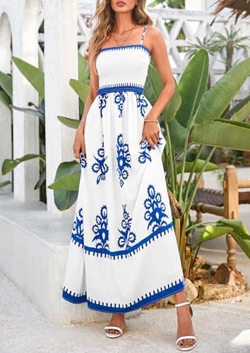 PRETTYGARDEN Summer Dress for Women 2025 Floral Sundress Spaghetti Strap Flowy Beach Vacation Boho Maxi Dresses (White Blue Floral,Small) - Image 3
