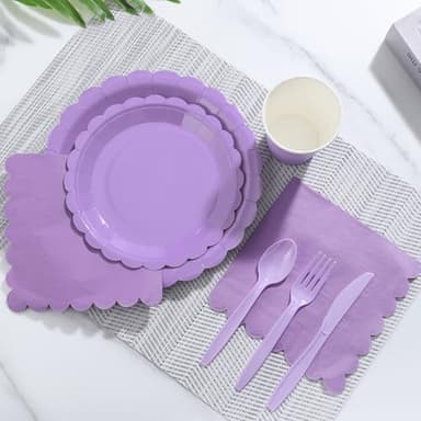 Xiangqu 175 Pcs Lavender Paper Plates and Napkins, Light Purple Party Supplies Include Scalloped Lavender Plates Napkin Cup Plastic Cutlery for Garden Party, Baby Shower, Wedding, Birthday - Image 4