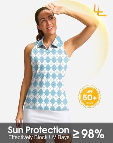 Women's Sleeveless Golf Shirt Zip Up Quick Dry Collared Tank Tops Racerback Tennis Athletic Polo Shirts for Women(Blue Plaid,XXL) - Image 2