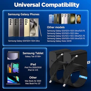 45W Super Fast Charging Block and Long USB C to C Cable 10ft, Type C Wall Plug and Android Phone Charger Cord for Samsung Galaxy S25/S24 Ultra/S23+/S22 Plus/S21/S20/Note 20/10/iPhone 17 16 15 Pro Max - Image 6