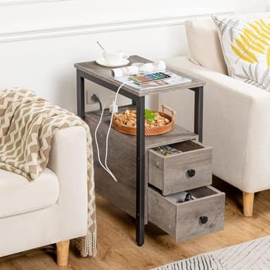 HOOBRO End Table with Charging Station, Narrow Side Table with 2 Drawers & USB Ports & Power Outlets, Nightstand for Small Spaces, Bedroom, Living Room, Stable and Sturdy, Greige and Black BG541BZ01 - Image 6