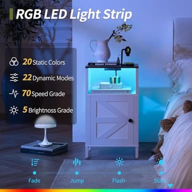 Yoobure Farmhouse Nightstand with Charging Station, Wood Night Stand End with USB Ports, LED Bed Side Table with Storage Cabinet, Bedside Table for Bedroom, Living Room White - Image 6