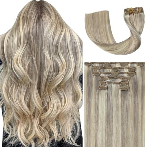 Ukira Ash Blonde Hair Extensions Real Human Hair, 22 Inch 75g 7pcs 18/613 Mixed Bleach Blonde Clip in Hair Extensions Human Hair, Soft Natural Straight Remy Human Hair Clip in Extensions for Women - Image 1