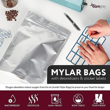100 Pack Mylar Bags with Oxygen Absorbers - 11 MIL Thick 3 Sizes - 25x1 Gallon 35x1 Quart 40x1/2 Pint - Resealable Bags with 100 Oxygen Absorbers for Food Storage & 112 Labels, Sealable Smell Proof - Image 2
