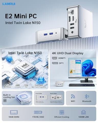 KAMRUI Essenx E2 N150 Mini Pc, 16GB DDR4 1TB SSD Mini Computers, Twin Lake-N N150 (Beat N100, up to 3.6GHz), HDMI+DP1.4 Dual 4K UHD,Gigabit Ethernet,WiFi,BT/Home/Office Micro pc - Image 4