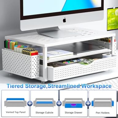 gianotter Desk Organizers and Accessories, Monitor Stand with Drawer and 2 Pen Holder, Desktop Organizer Suitable for Offices and Dormitories (White) - Image 2