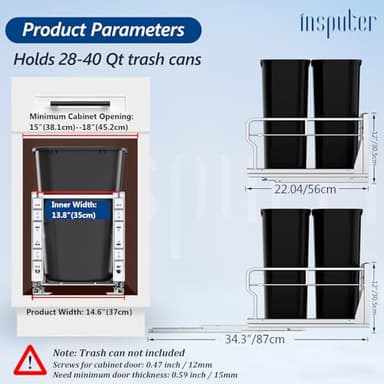 Insputer Dual Pull Out Trash Can Under Cabinet with Soft-Close Slides, Heavy Duty Under Sink Trash Can Kit for Kitchen Sink, Laundry, Garbage Can Not Included, Requires 17" W X 24" D Cabinets - Image 2