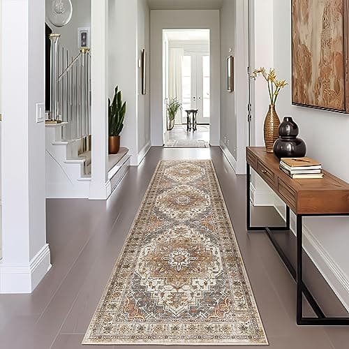 Madane Runner Rug 2x8, Washable Hallway Runner Rugs, Non-Slip Low-Pile Soft Kitchen Rug Runner Laundry Room Rug, Vintage Throw Entry Foyer Mat for Entrance Living Room (Turmeric/Grey, 2 x 8) - Image 1